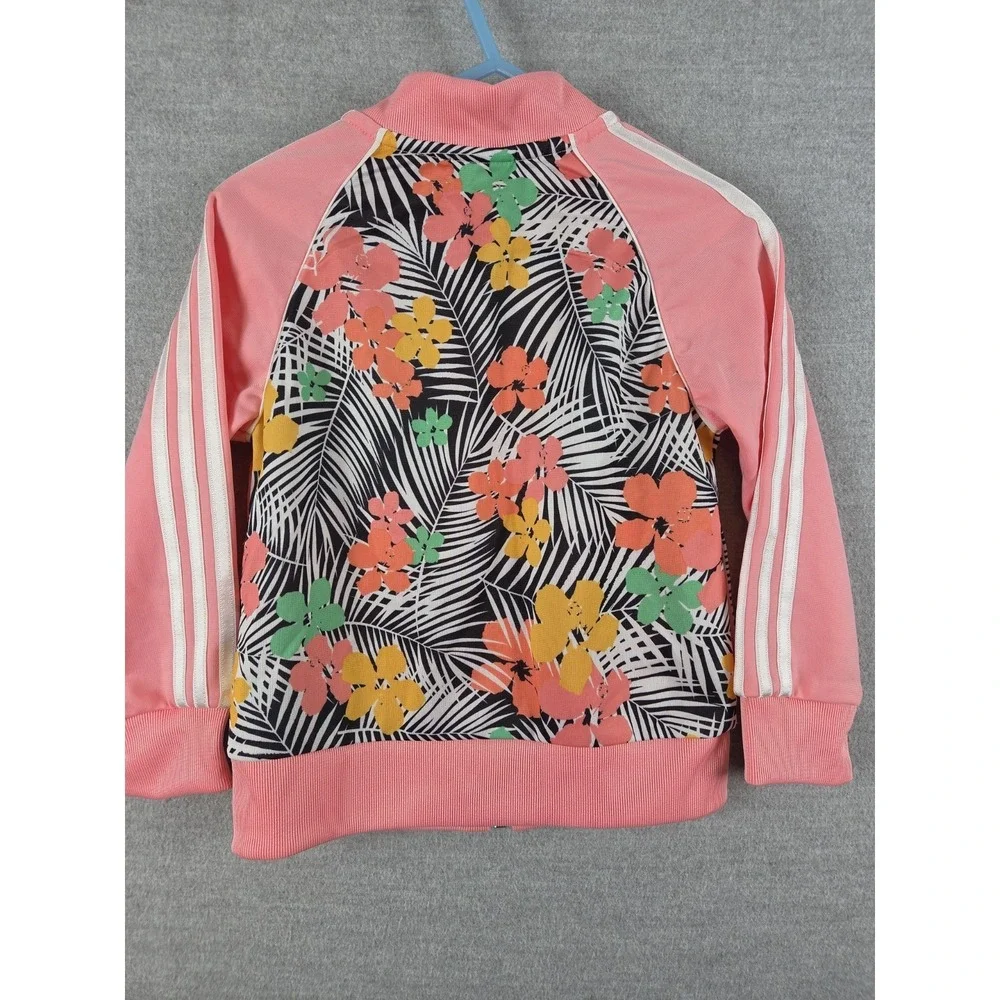 Adidas‎ Track Jacket Girls 2T Pink Tropical Floral Full Zip 3 Stripe Logo Sport
